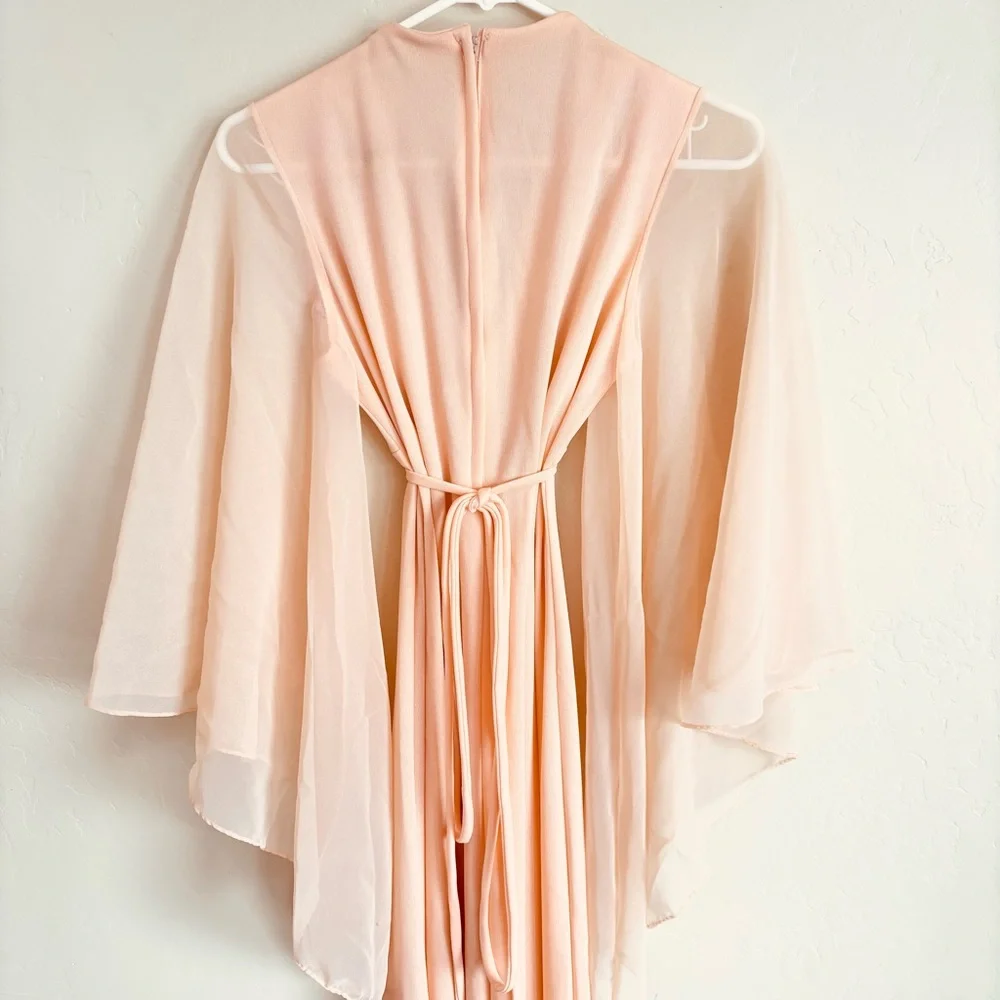 Vintage 1970s Peach Angel Wing Sleeve Deep V-neckline Empire Waist Maxi Dress - Picture 6 of 15